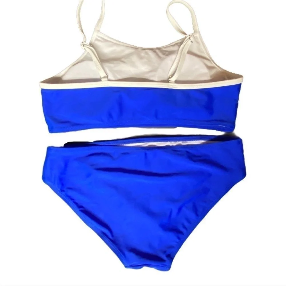 SHEIN Girls Swimsuit 2PC Bikini Set Royal Blue Color Block Adjustable Beach Pool